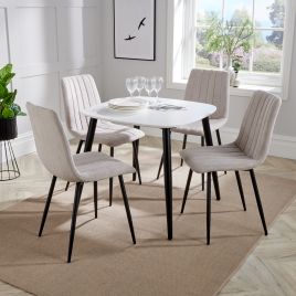 NEXO Square Dining Table with 4 Straight Stitch Fabric Chairs - White with Natural