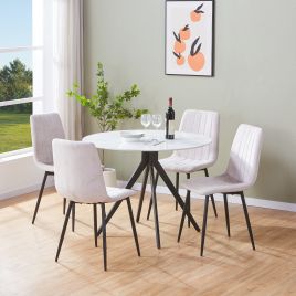 NEXO Sintered Stone Round Dining Table with 4 Straight Stitch Fabric Chairs - Gloss White with Natural