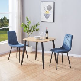 NEXO Square Dining Table with 2 Straight Stitch Fabric Chairs - Light Oak with Blue
