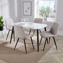 ASHES Rectangular Wood Dining Table with 4 Fabric Chairs Set - White, 120cm