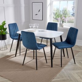 NEXO Rectangular Dining Table with 4 Straight Stitch Fabric Chairs - White with Blue