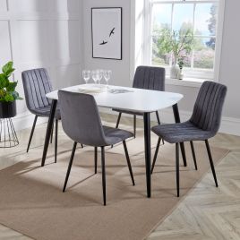 NEXO Rectangular Dining Table with 4 Straight Stitch Fabric Chairs - White with Grey