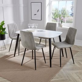 NEXO Rectangular Dining Table with 4 Straight Stitch Fabric Chairs - White with Light Grey