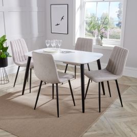 NEXO Rectangular Dining Table with 4 Straight Stitch Fabric Chairs - White with Natural