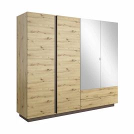 Wardrobe - ASMARA 4 Door Mirrored Wardrobe Oak 220cm