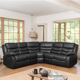 Corner Sofa - REGALUXE Leather Recliner 4 Seater L Shaped Sofa - Black