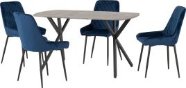 Athens Rectangular Dining Set with Avery Chairs - Concrete Effect Black Sapphire Blue Velvet