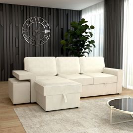 BECKMERE Fabric 3 Seater L Shaped Corner Sofabed - Cream, Reversible Facing