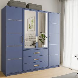 Barnsley 4 Doors Mirrored Wardrobe with 3 Drawers - Blue