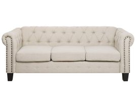 3 Seater Fabric Sofa Nailhead Trim Beige CHESTERFIELD