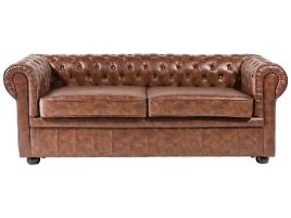 3 Seater Sofa Faux Leather Golden Brown CHESTERFIELD