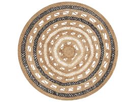Round Jute Area Rug 140cm Beige with Black