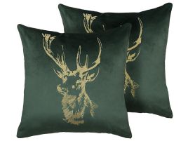 Set of 2 Velvet Cushions Reindeer Print 45x45cm Green