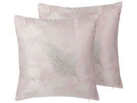 Set of 2 Studded Cushions Feather Motif 45x45cm Pink