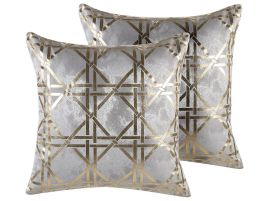 Set of 2 Cushions Geometric Pattern 45x45cm Grey with Gold