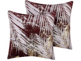 Set of 2 Velvet Cushions Leaf Pattern 45x45cm Burgundy