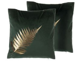 Set of 2 Velvet Cushions Leaf Pattern 45x45cm Green