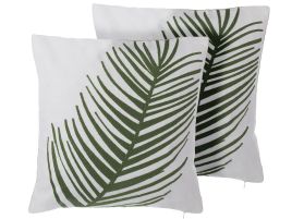 Set of 2 Cotton Cushions Leaf Pattern 45x45cm White and Green