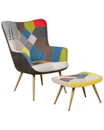 Wingback Chair with Footstool Patchwork Multicolour VEJLE II