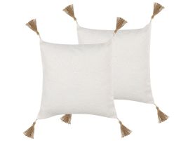 Set of 2 Embossed Cushions with Tassels 45x45cm White