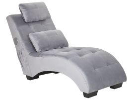 Velvet Chaise Lounge with Bluetooth Speaker USB Port Grey SIMORRE