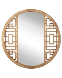 Round Wooden Wall Mirror 60cm Light