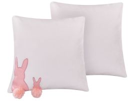 Set of 2 Cushions Rabbit Print 45x45cm White