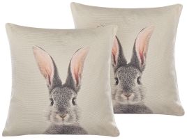 Set of 2 Cotton Cushions Rabbit Print 45x45cm Taupe