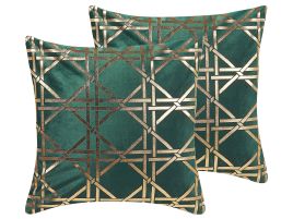Set of 2 Cushions Geometric Pattern 45x45cm Green with Gold