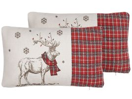 Set of 2 Cushions Reindeer Motif 30x50cm Red and White