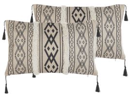 Set of 2 Cushions Geometric Pattern 30x50cm Beige and Black