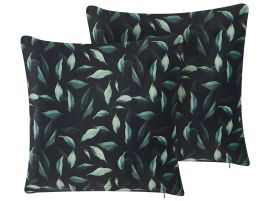 Set of 2 Velvet Cushions Leaf Pattern 45x45cm Green and Black