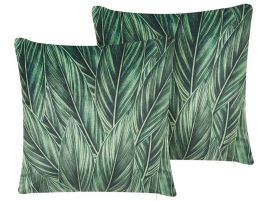 Set of 2 Velvet Cushions Leaf Pattern 45x45cm Green