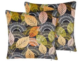 Set of 2 Velvet Cushions Leaf Pattern 45x45cm Multicolour