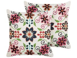 Set of 2 Embroidered Cotton Cushions Flower Pattern 50x50cm Multicolour