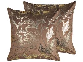 Set of 2 Velvet Cushions Floral Print 45x45cm Brown