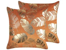 Set of 2 Velvet Cushions Leaf Print 45x45cm Orange