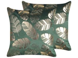 Set of 2 Velvet Cushions Leaf Print 45x45cm Green