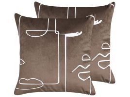 Set of 2 Velvet Cushions Face Motif 45x45cm Brown