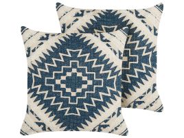 Set of 2 Cotton Cushions Geometric Pattern 50x50cm Blue and Beige