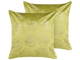 Set of 2 Velvet Cushions Leaf Pattern 45x45cm Light Green