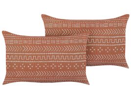 Set of 2 Cotton Cushions Geometric Pattern 35x55cm Orange