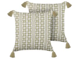 Set of 2 Cotton Cushions Geometric Pattern 45x45cm Green and White