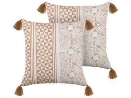 Set of 2 Cotton Cushions Geometric Pattern with Tassels 45x45cm Light Brown and White