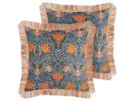 Set of 2 Velvet Fringed Cushions with Flower Pattern 45x45cm Blue and Orange
