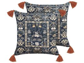 Set of 2 Velvet Cushions Floral Pattern with Tassels 45x45cm Multicolour
