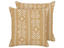 Set of 2 Cotton Cushions Geometric Pattern 45x45cm Beige and White