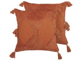 Set of 2 Tufted Cotton Cushions with Tassels 45x45cm Orange