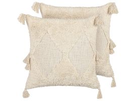 Set of 2 Tufted Cotton Cushions with Tassels 45x45cm Light Beige