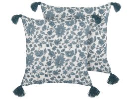 Set of 2 Cotton Cushions Floral Pattern with Tassels 45x45cm White and Blue